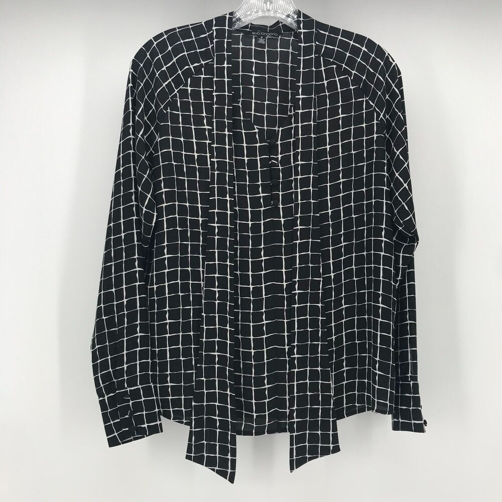 Eva Longoria Top Womens Small Black White Windowpane Long Sleeve V Neck Tie